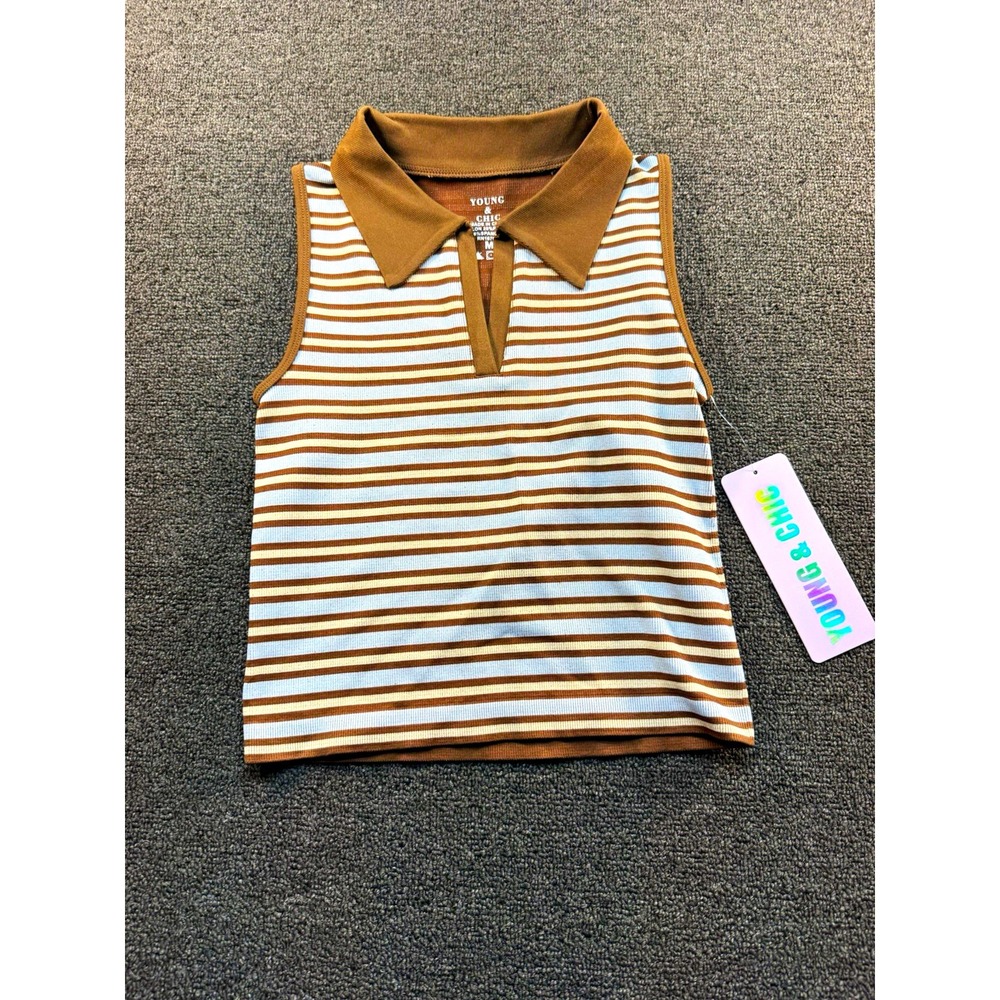 Young & Chic Women's Striped Collared Knit Tank Top Stretch Sleeveless M